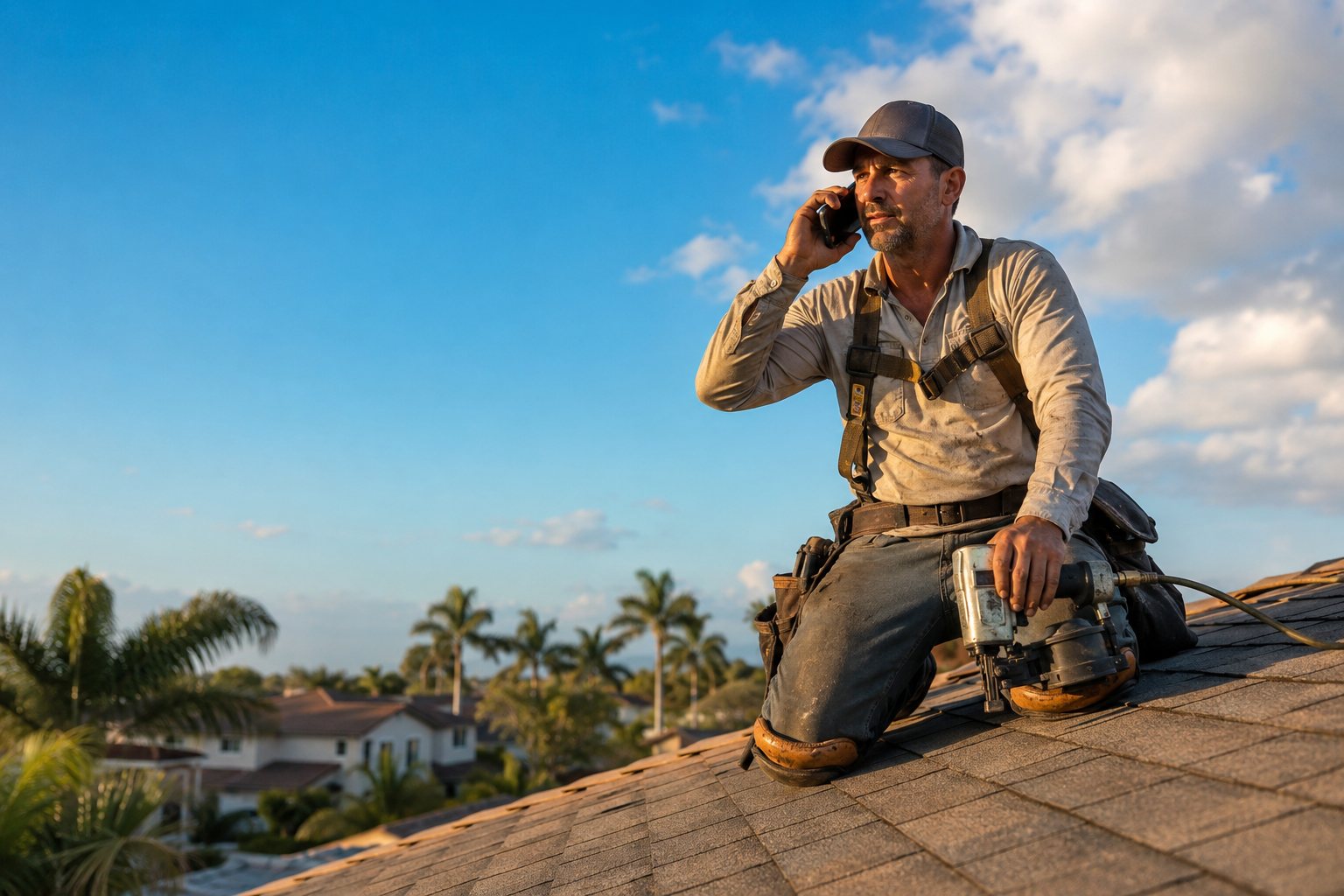 Florida roofer on a shingle roof under a storm sky, phone in hand