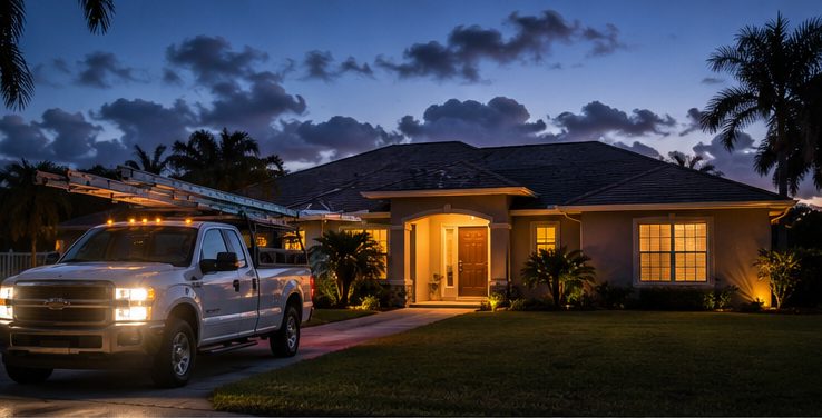 Roofing company pickup truck at a Florida home at dusk, lights on