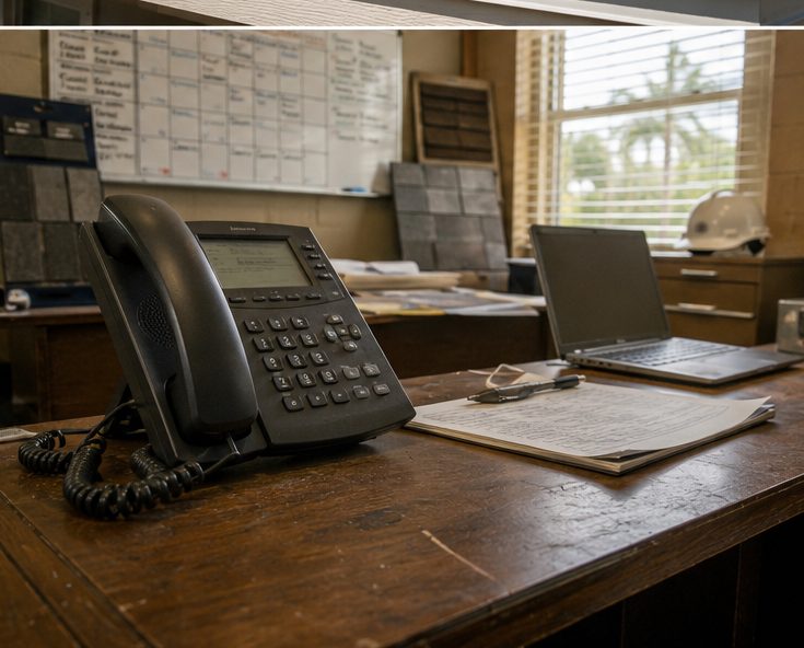 Office desk with a phone, laptop, and job-scheduling whiteboard