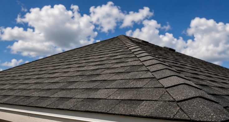 Close-up of a freshly installed asphalt shingle roof against a blue sky