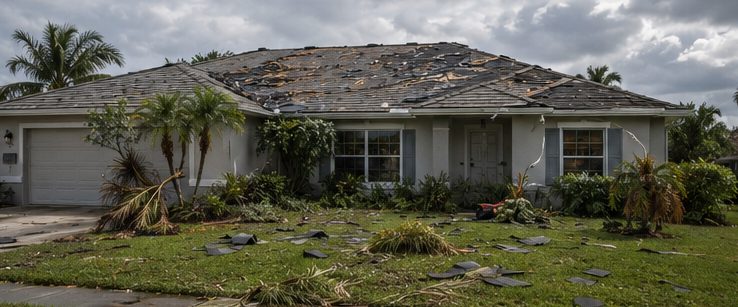 Florida home with storm-damaged roof and debris across the lawn